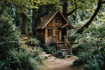 Wooden cabin nestled within a lush forest