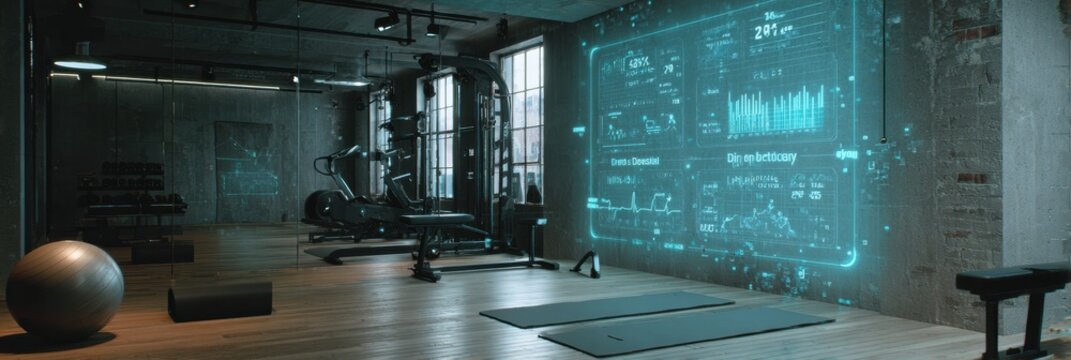 Modern Gym Interior With Digital Fitness Data Displayed on Wall for an Immersive Workout Experience in an Urban Setting