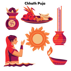 Chhath Pooja to Sun God in traditional festival of Bihar India Element Design