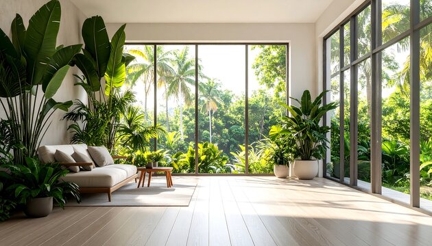 Sunlit room with large windows overlooking lush tropical foliage, featuring a light-colored couch and potted plants