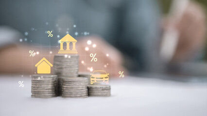 Interest rates and investment concept with coins, home, bank, and car icons