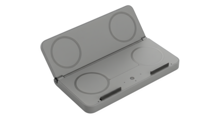 Gray minimalist surface shows charging station with matte texture. Perfect for product display, website headers, and tech branding.