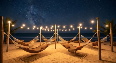 Serene beachside hammocks strung under a starry night sky offering ultimate relaxation