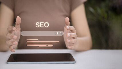 SEO optimization strategy concept on digital tablet with search interface