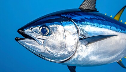 Close-up tuna head against blue