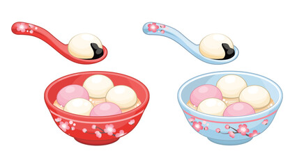 Lantern Festival Tangyuan Bowls with Spoons Traditional Chinese Lantern Festival dessert vector set