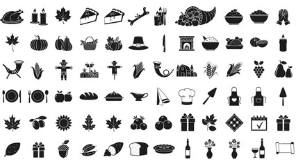 Thanksgiving Celebration Icon Set Roast Turkey and Holiday Meal Vector Illustration
