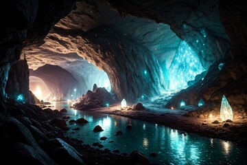 underground cave glowing blue crystals river stalactites textured walls mystical light