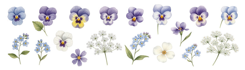Naklejka premium A vibrant collection of purple and blue flowers, featuring pansies and forget-me-nots in various stages.