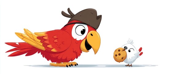 Two cartoon birds, one red and one white, engage in a playful interaction, the larger red bird wearing a pirate hat and offering a cookie to the smaller white bird.