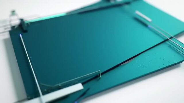 Abstract composition of layered teal and silver geometric shapes creating a modern design aesthetic