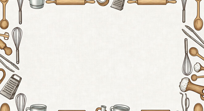 Elegant kitchen tools border frame with empty canvas for text, perfect for cooking blogs, recipe cards, or culinary design
