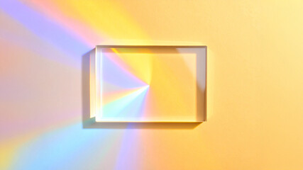  Close-up of a rectangular glass block dispersing light into a vibrant, radial spectrum of colors and sharp shadows on a neutral background. A modern, minimalist study of optics and physics.
