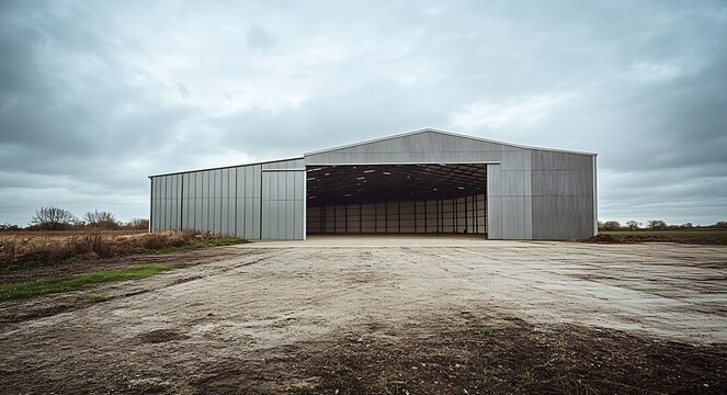 An industrial hangar warehouse in the countryside of Shropshire, with large double doors on one side and a slightly sloping roof.