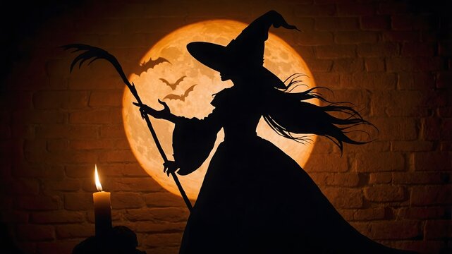 Silueta de bruja con luna llena y murci&eacute;lagos en Halloween