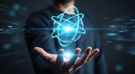 Businessman holding a luminous atomic model, symbolizing the future of energy, science, and technological advancement