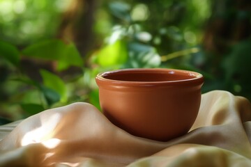 Terracotta bowl on a draped cloth.