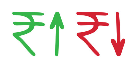 Hand drawn rupee currency symbol Growth and fall profit with arrow up and down Brush stroke doodle Element for design