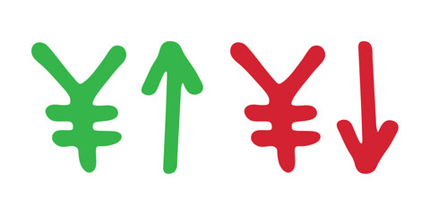 Obraz premium Hand drawn yen currency symbol Growth and fall profit with arrow up and down Brush stroke doodle Element for design