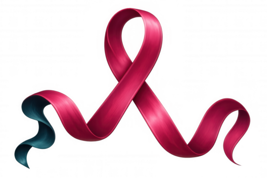 Pink and teal ribbons intertwining, symbolizing breast cancer awareness and solidarity against white backdrop