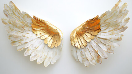 Close up shot of two decorative angel wings against a white background