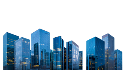 Modern Cityscape: Illuminated Blue Glass Skyscrapers at Night, Dramatic Black Background