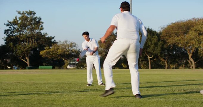 Diverse cricket team bowling red ball on turf, batsman swinging bat and fielder catching throwing
