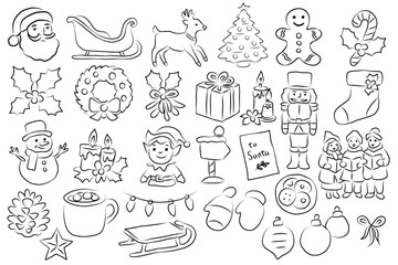 Hand drawn christmas doodle set, hand drawn christmas icon set, christmas themed illustrations