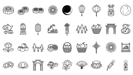 Autumn Festival Icon Set Mooncakes Lanterns Full Moon Jade Rabbit Vector Illustration
