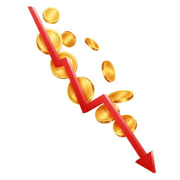 Dramatic economic downturn with falling red arrow and gold coins showing market crash, financial loss, and recession risk for business investment
