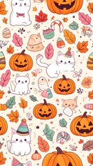 Patrón festivo de Halloween con gatos, calabazas y caramelos sobre fondo claro