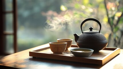 A harmonious Japanese tea ceremony setting  on blurred background 