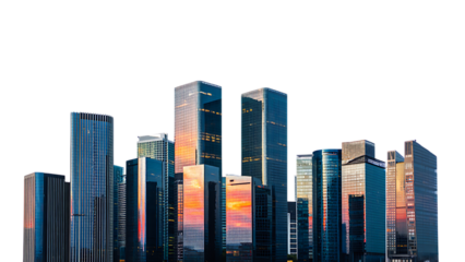 Modern City Skyline at Sunset:  Reflective Glass Towers, Urban Landscape, Evening Light