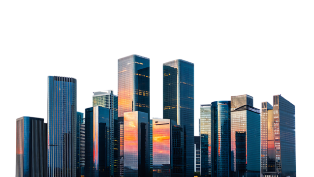 Modern City Skyline at Sunset: Reflective Glass Towers, Urban Landscape, Evening Light
