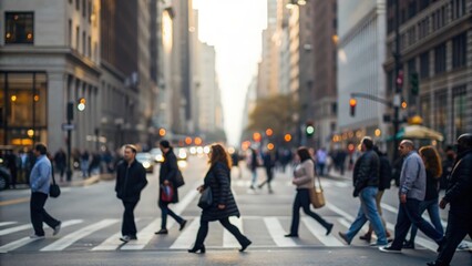 Fototapeta premium Blurred crowd of pedestrians crossing downtown street — illustrating anonymity and urban hustle