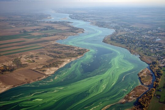 Aerial view of a river flowing through farmland, with vibrant green algae blooms
