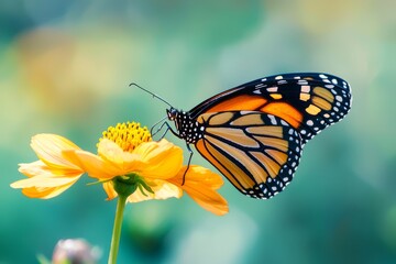 Fototapeta premium Black and orange butterfly resting on yellow cosmos flower, detailed wing patterns highlighted against blurred green background, macro close-up of nature