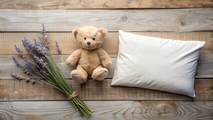 A cute teddy bear and a bouquet of lavender flowers placed next to a white pillow on a rustic wooden background, evoking comfort and tranquility