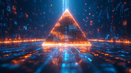 Glowing blue and orange digital pyramid made of data and code on a futuristic circuit board background.