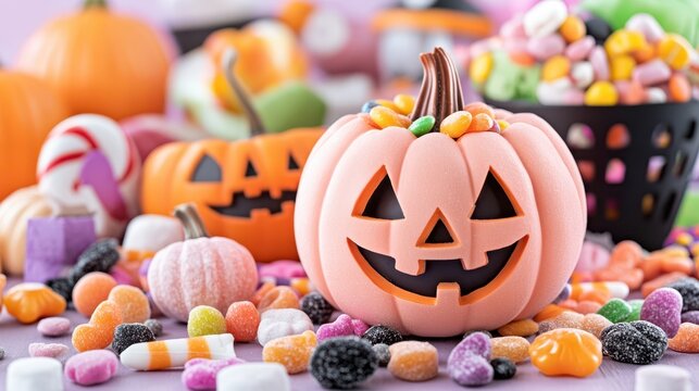 A delightful halloween scene showcasing a smiling pumpkin, surrounded by a variety of treats and candies. - Powered by Adobe