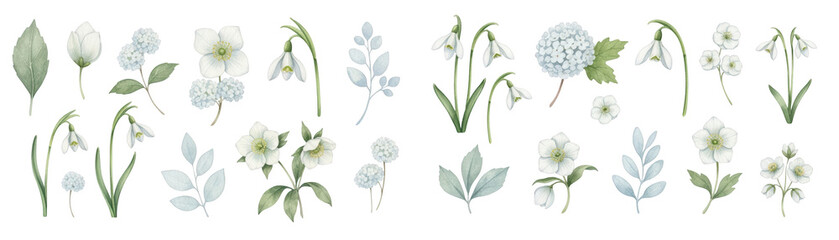 A delicate arrangement of white flowers featuring various blooms and green leaves.