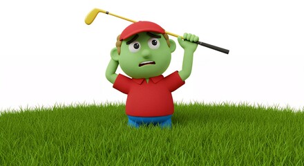 Cartoon child playing golf on green grass
