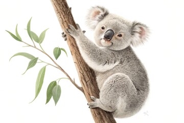 Fototapeta premium A cute koala clinging to a eucalyptus tree branch, surrounded by lush green leaves in a serene setting