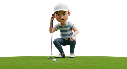 Cartoon golfer concentrating on putting