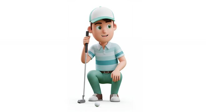 Cartoon golfer crouched with golf club and golf balls