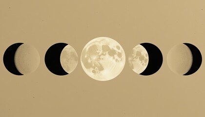 A sequence of moon phases showing the waxing and waning cycle against a beige background image art