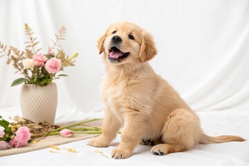 Adorable golden retriever puppy sitting beside a vase of flowers on a white backdrop