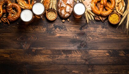 Delicious pretzels and beer pairing cozy restaurant food photography rustic wooden table top-down view culinary experience