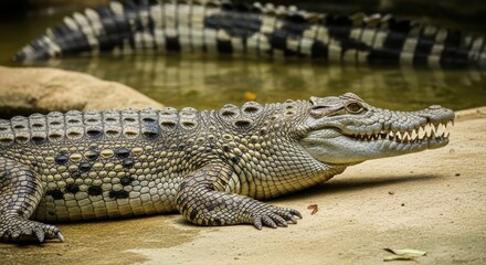 Fototapeta premium Magnificent Crocodile sunbathing near still water, a wildlife photography