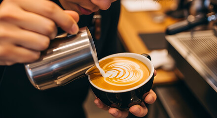 Barista pouring milk into coffee latte art design